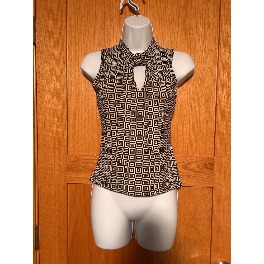 Vintage Y2K Old Navy Collection Brown Geometric Bow Neck Blouse Top Mod XS